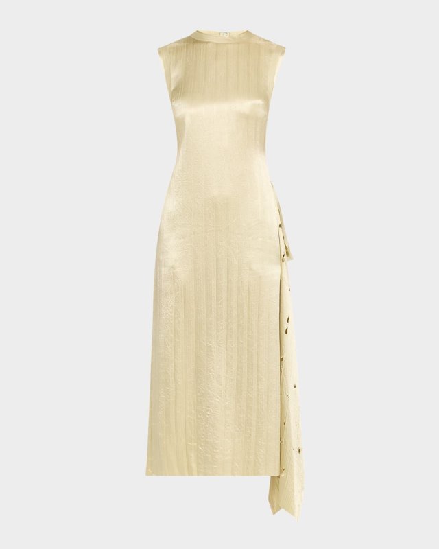 Crinkled Satin Laser-Cut Draped Shift Dress